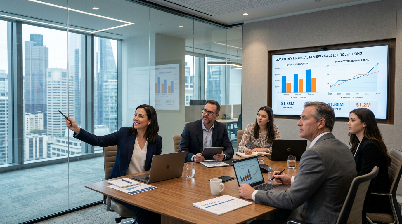 Team reviewing financial projections in glass conference room