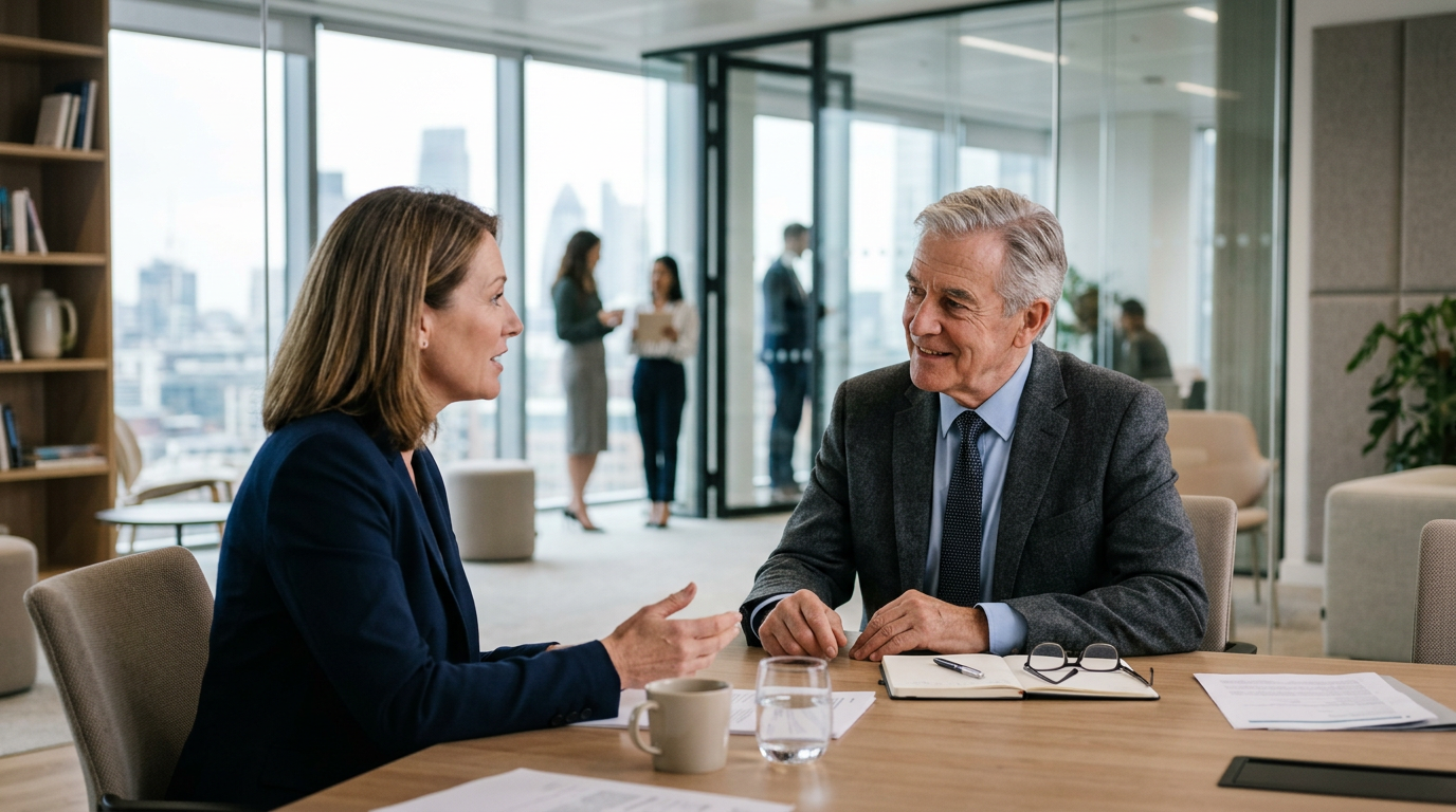 Professional conversation at desk in office setting
