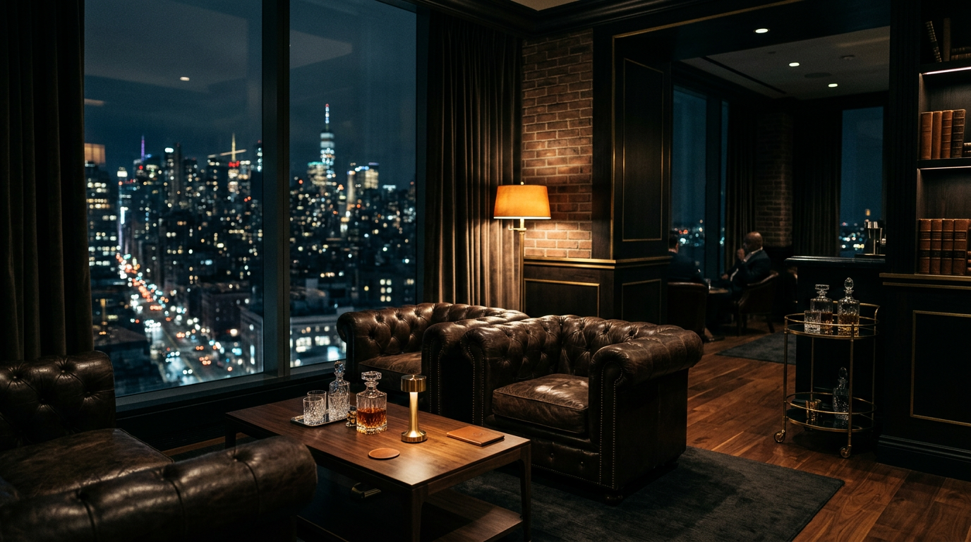 Dark luxury financial lounge with leather seating and city lights