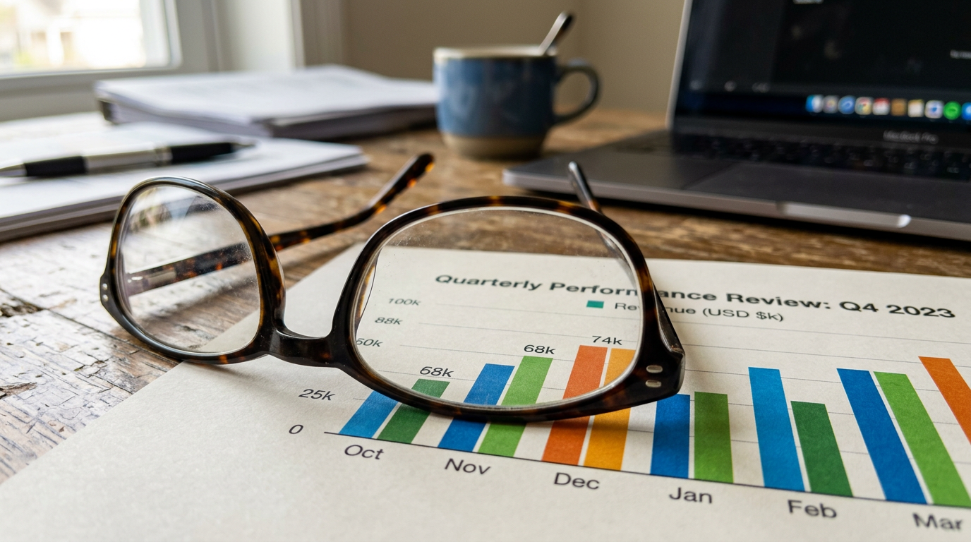 Printed bar chart on paper with reading glasses