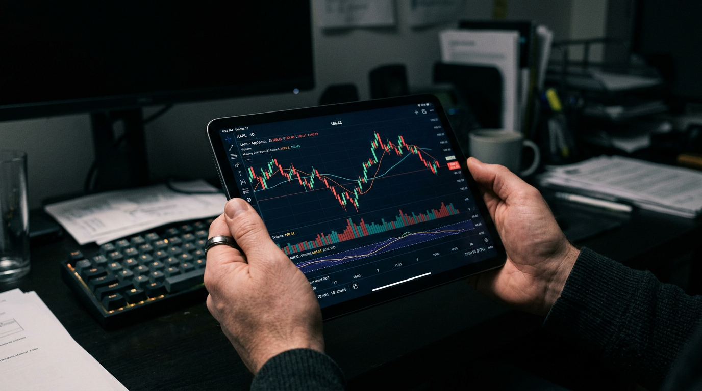 Hands holding tablet displaying candlestick chart in dim light